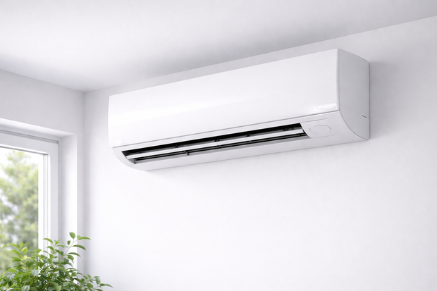 White wall-mounted air conditioner above a window in a bright room.
