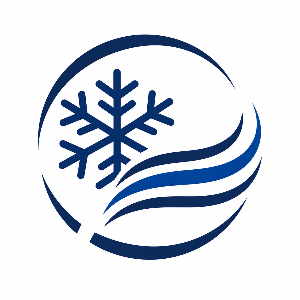 Blue circular snowflake and wave logo on white background