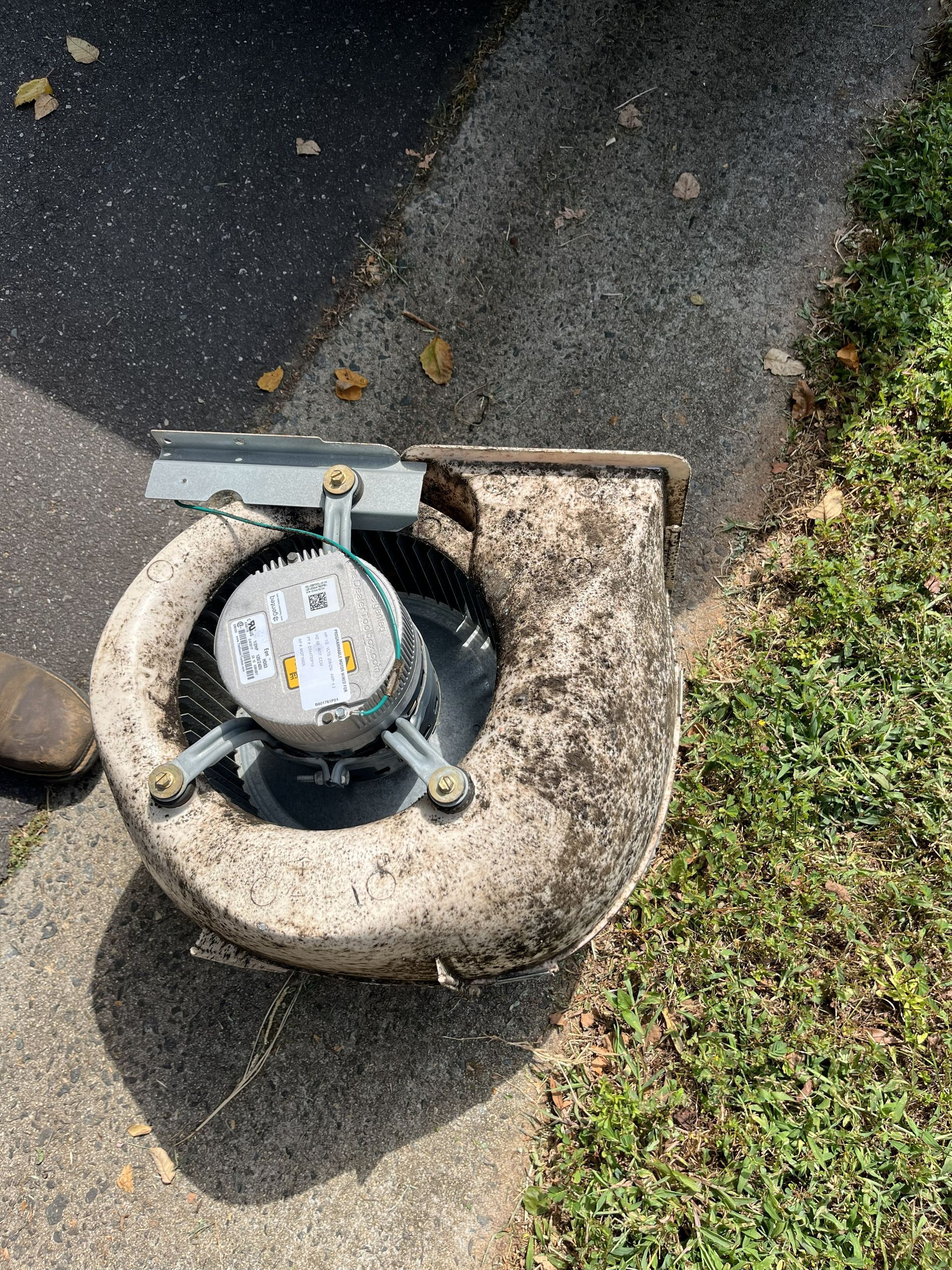 Broken utility meter in a concrete housing beside a sidewalk and grass