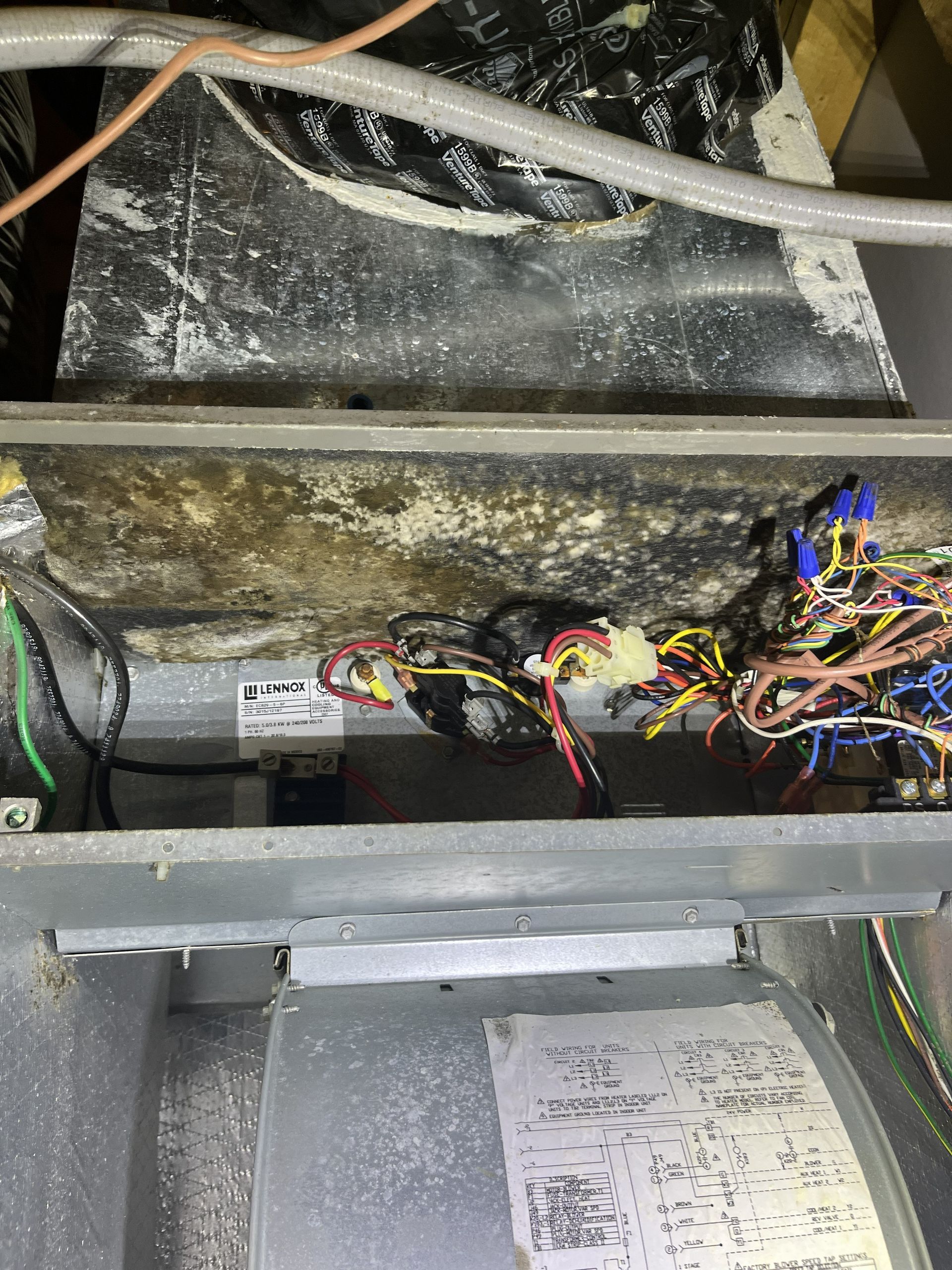 Dirty electrical panel with tangled multicolored wires and a handwritten note below