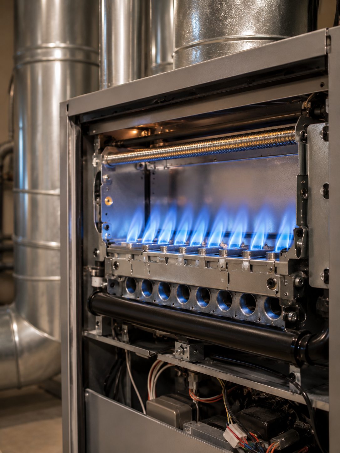Industrial boiler with rows of blue flames inside a metal furnace chamber
