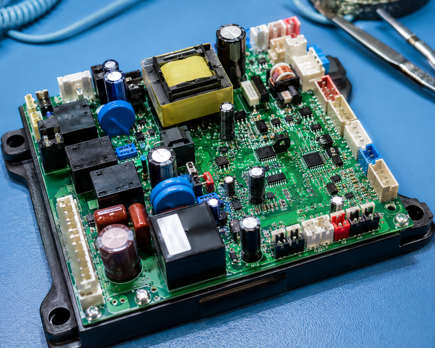 Close-up of a green circuit board with electronic components on a blue surface