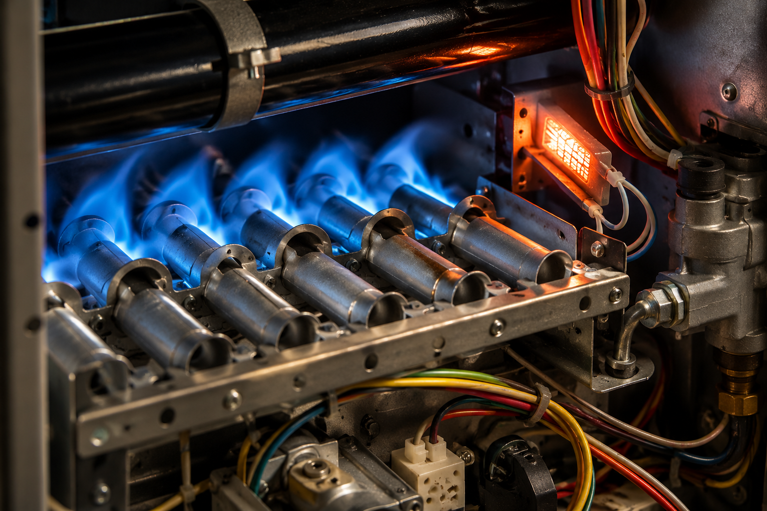 Blue flames heating a row of metal burner tubes inside an industrial machine