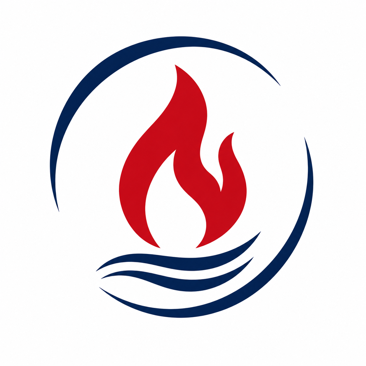 Red flame logo with dark blue circular swoosh and wave lines below