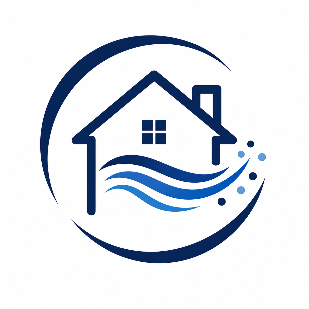 Blue house logo with a crescent swoosh and flowing water waves in a circular design