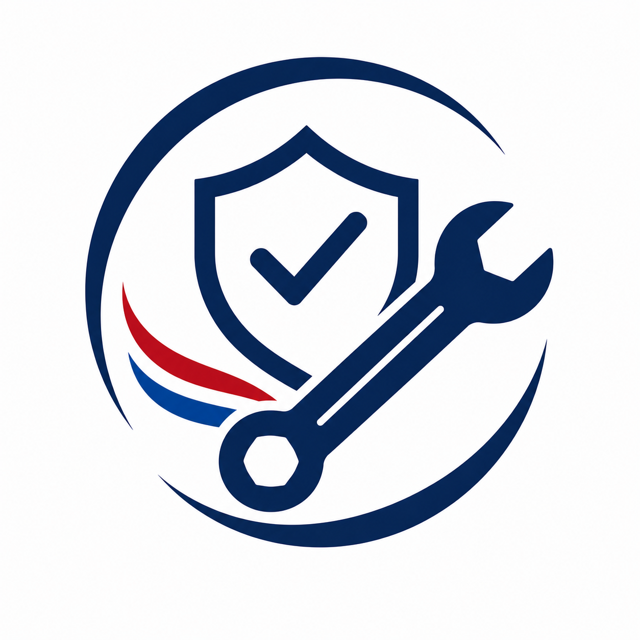Blue shield with checkmark and wrench inside a circular red, white, and blue swoosh icon