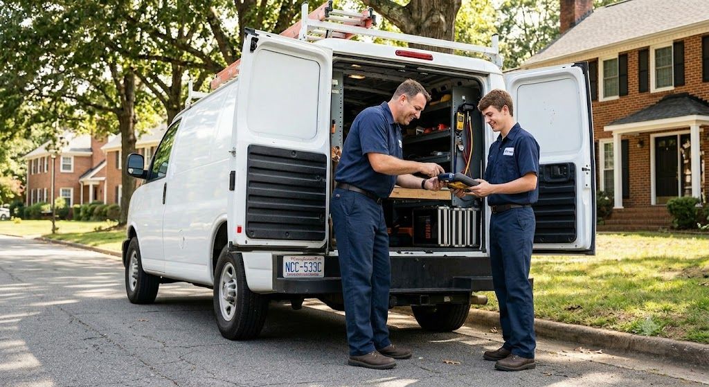 Two technicians loading equipment from a white service van on a residential street