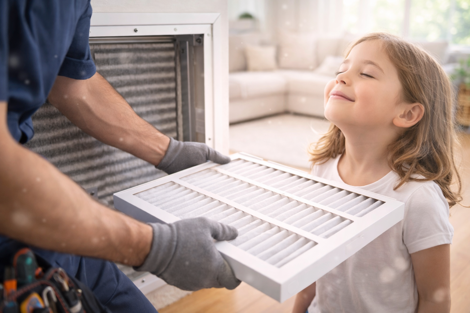 Technician holding a white air filter while a smiling child watches in a home setting