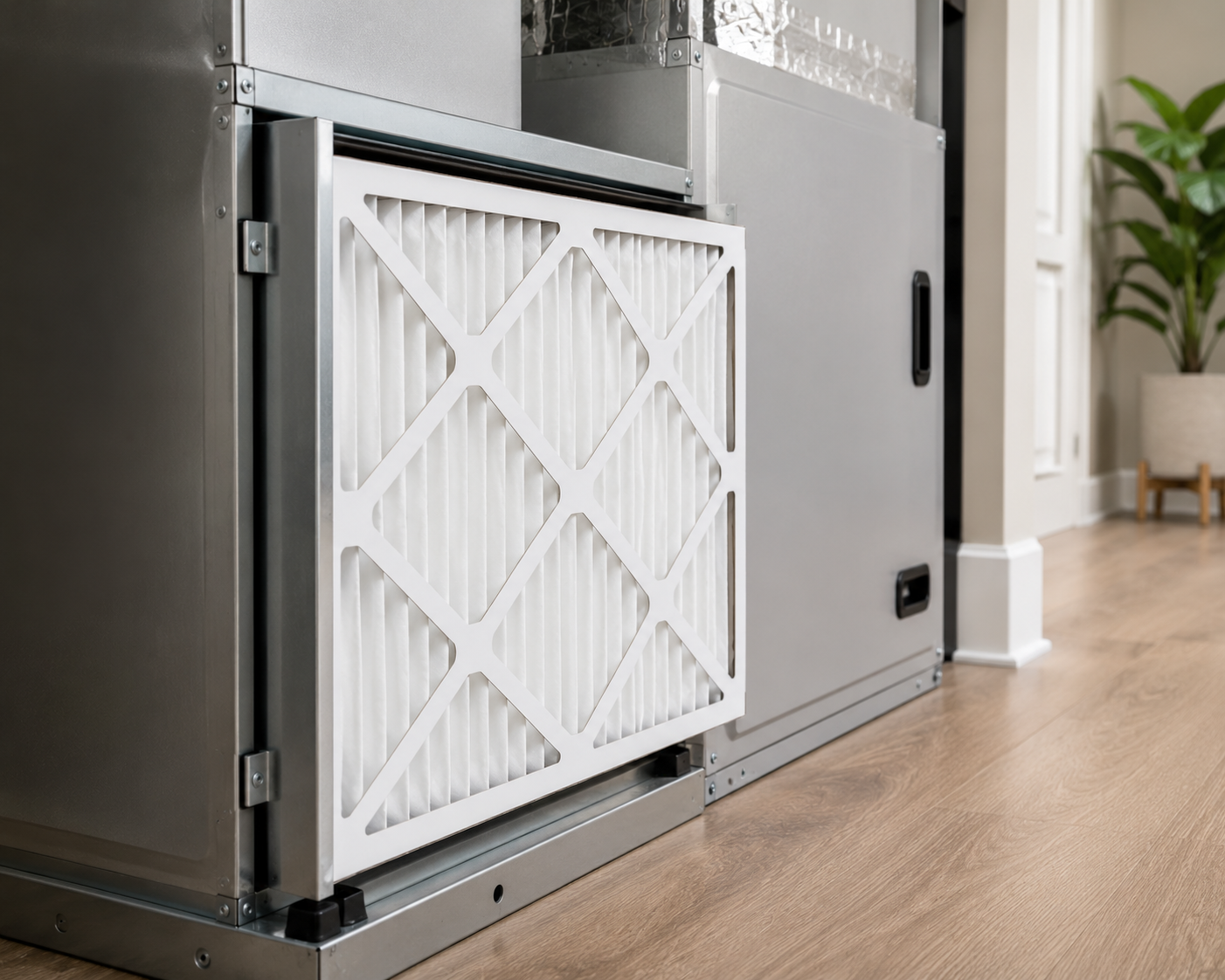 White air filter panel on a metal HVAC unit in a home hallway, beside a potted plant and wood floor