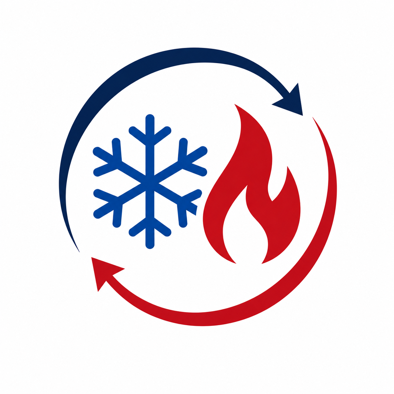 Blue snowflake and red flame inside circular arrows, symbolizing heating and cooling balance.