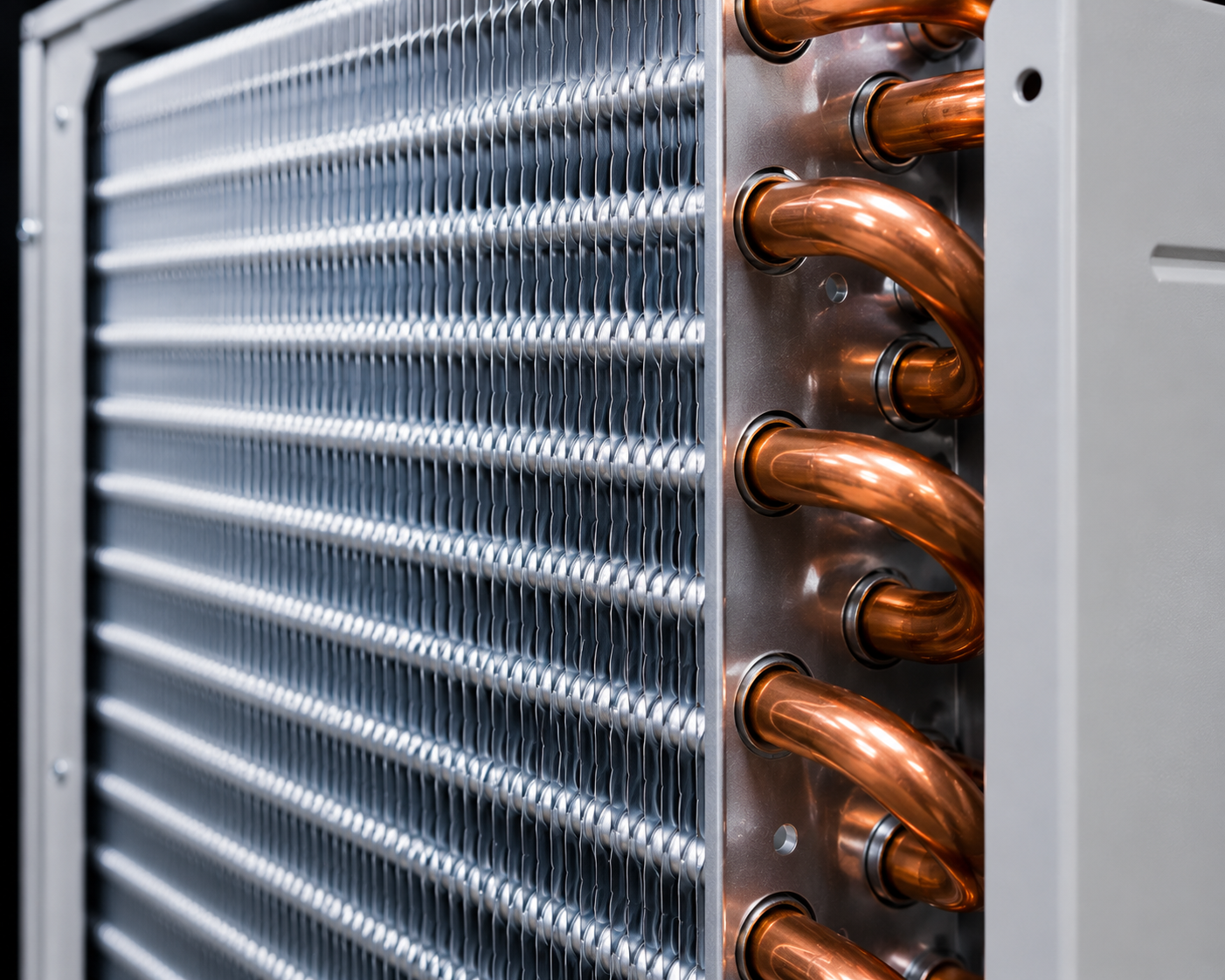 Close-up of a metallic HVAC condenser coil with copper tubing and silver fins