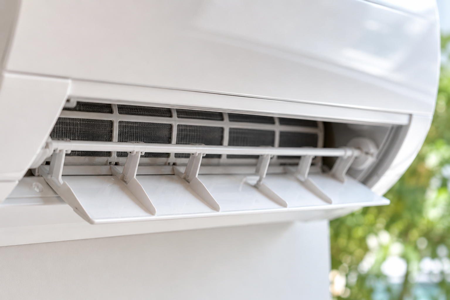 Close-up of a white wall-mounted air conditioner with open vent louvers.