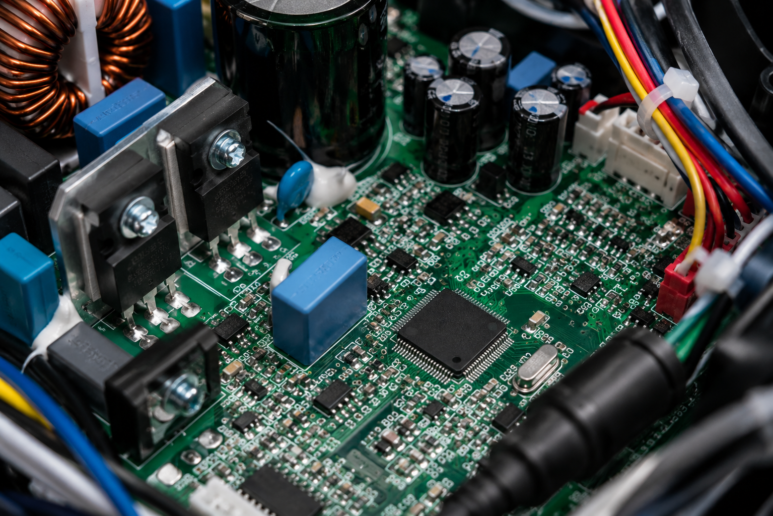 Close-up of a circuit board with capacitors, chips, and multicolored wires inside electronic equipment