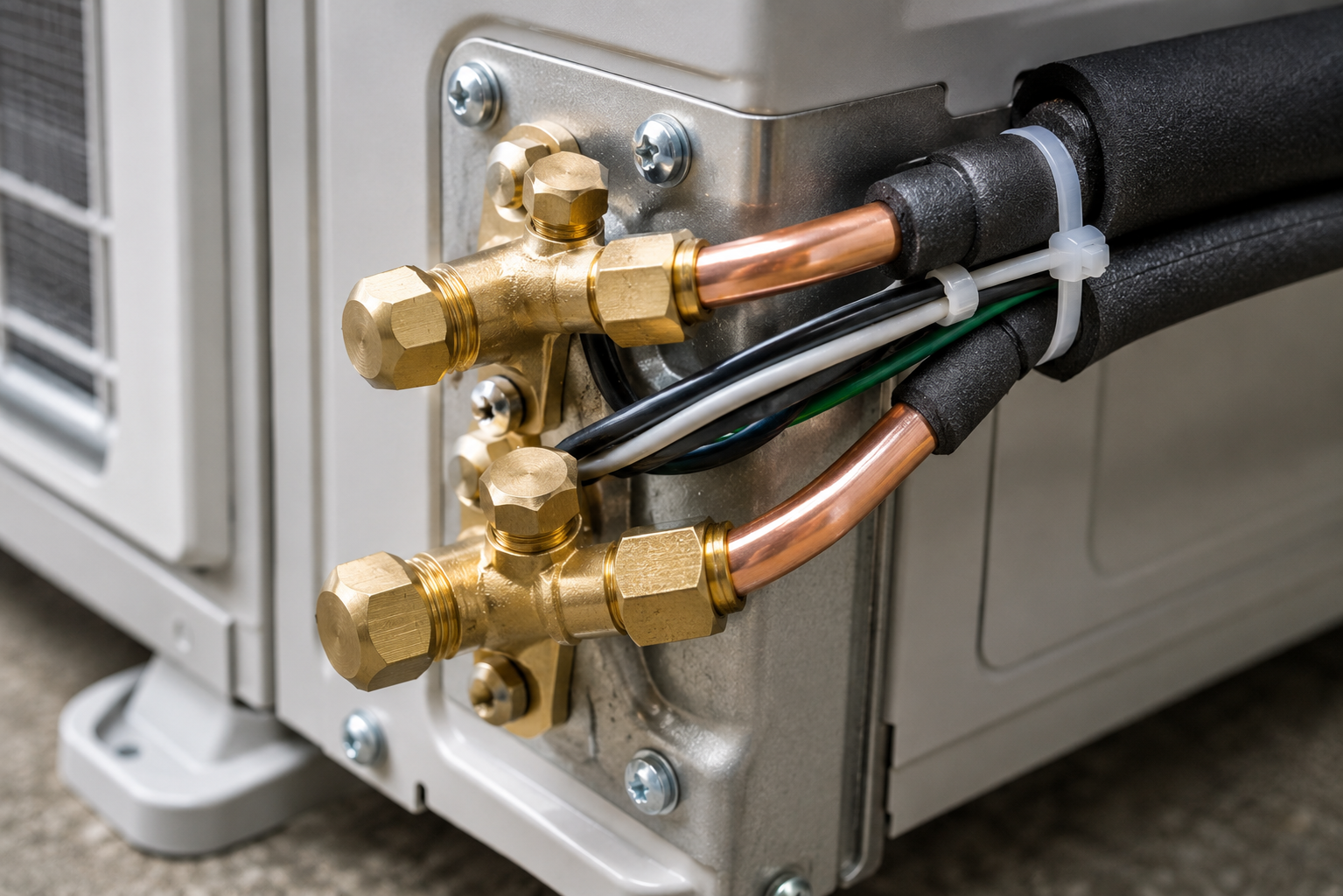 Close-up of copper pipes and brass fittings connected to an outdoor HVAC unit.