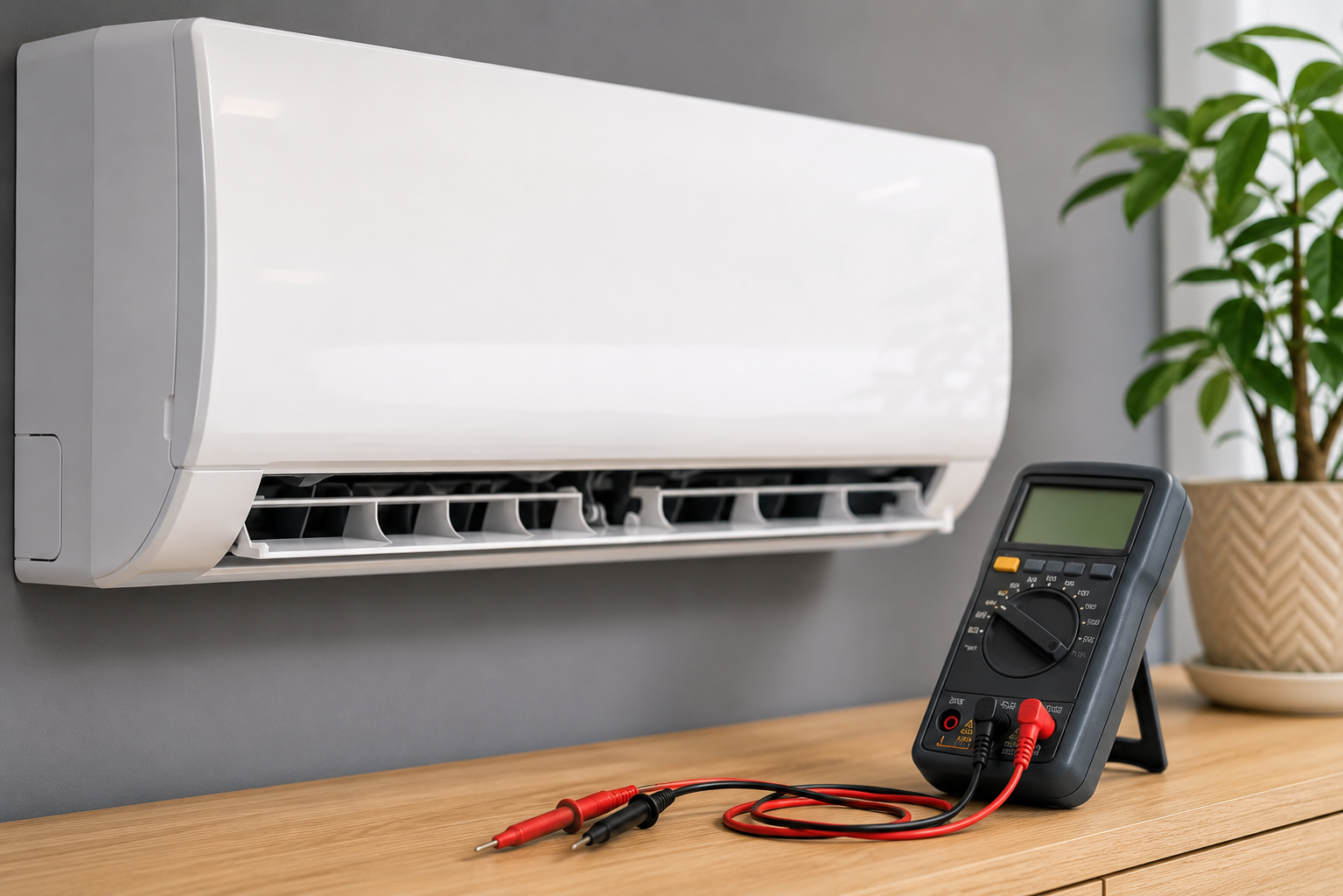 Wall-mounted white air conditioner above a wooden table with a multimeter and test leads