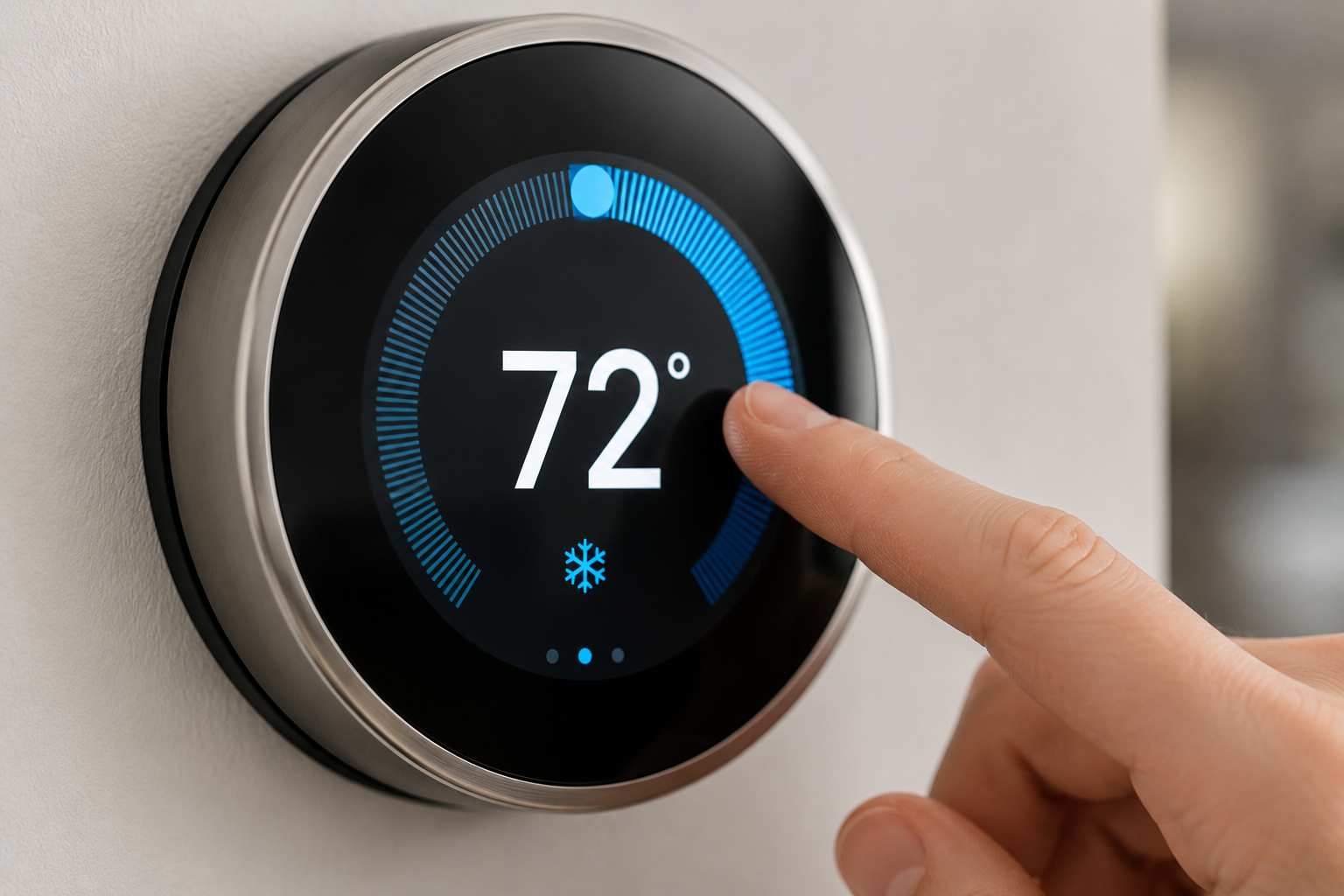 Finger touching a circular smart thermostat display showing 72° and a blue temperature arc