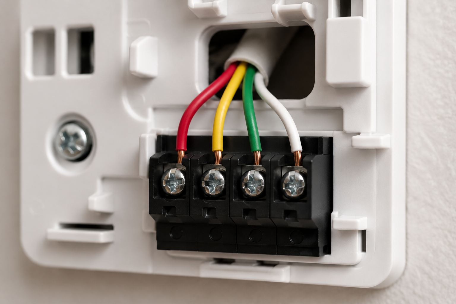 Wired wall thermostat base with red, yellow, green, and white wires connected to terminal screws