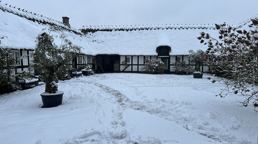 A house with a thatched roof is covered in snow.