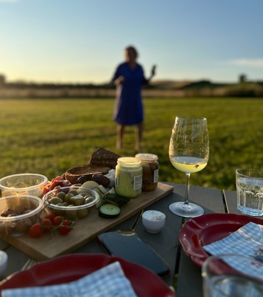 A woman in a blue dress is standing in a field behind a table full of food and wine glasses