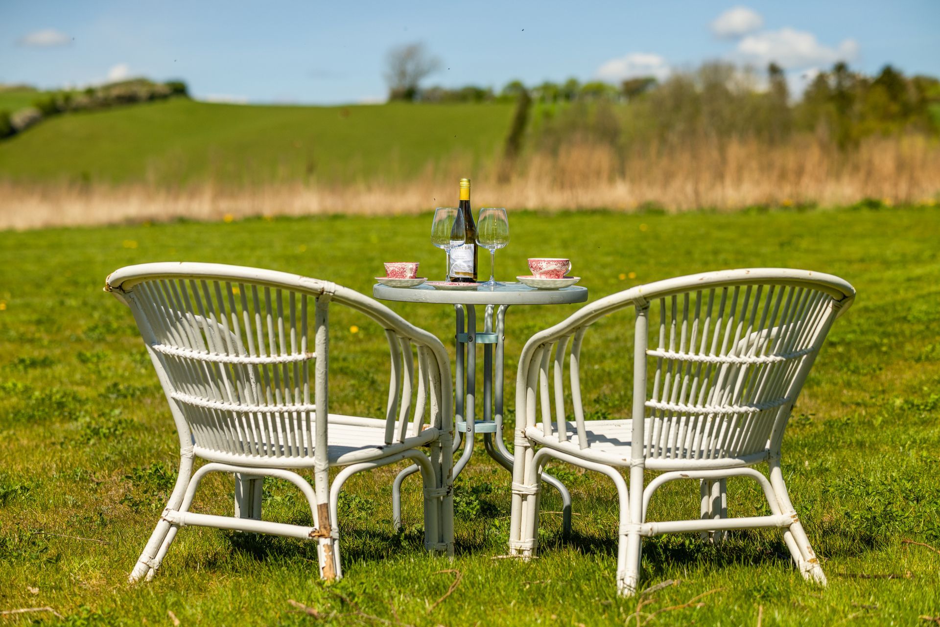 Two chairs and a table with a bottle of wine on it in a grassy field.
