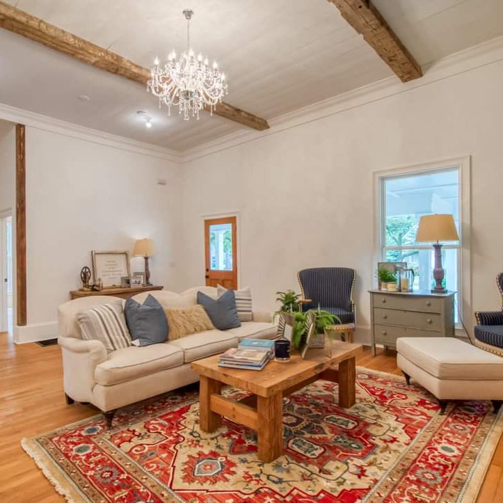 reclaimed wood beams and coffee table