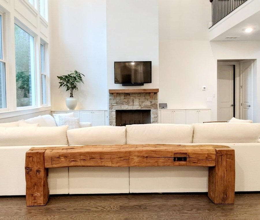 Large hand hewn beam sofa table