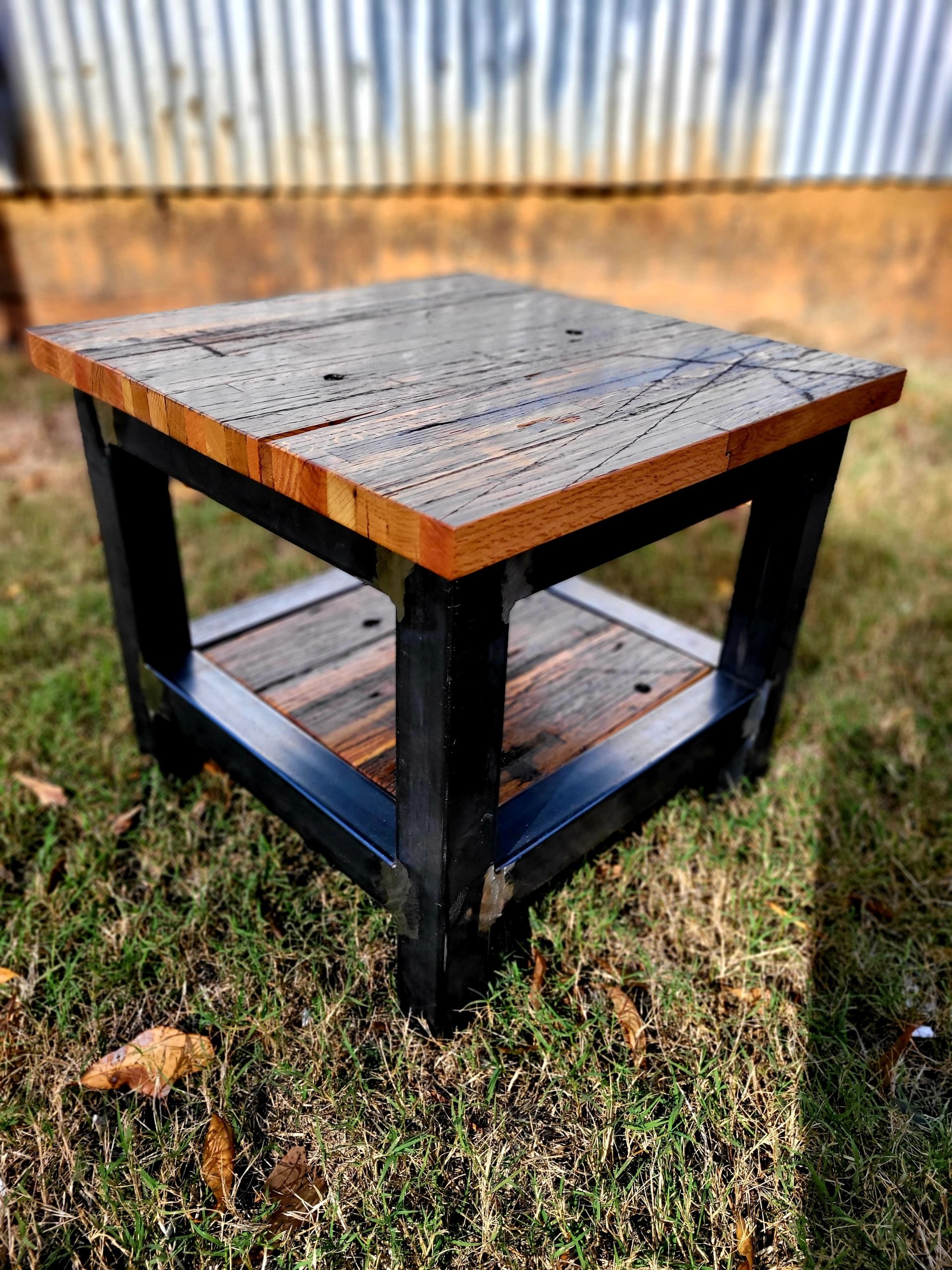 reclaimed cargo flooring end table