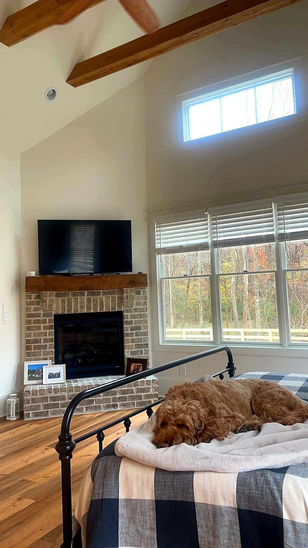 reclaimed wood faux box beams and mantel