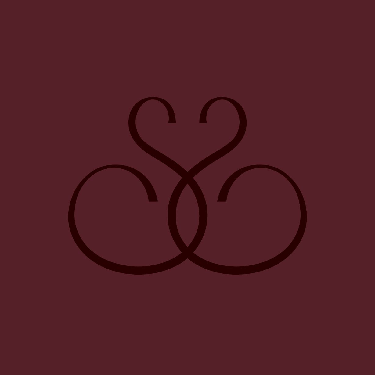 Dark red stylized intertwined heart-shaped letters on a darker red background.