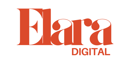 A red and white logo for elara digital