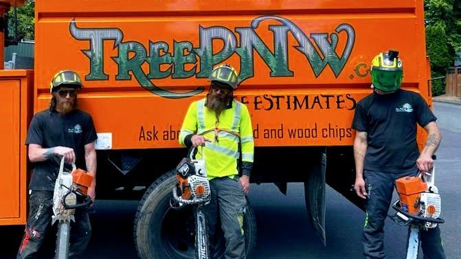 Three tree crew workers with chainsaws stand in front of an orange FreeDNNW truck.