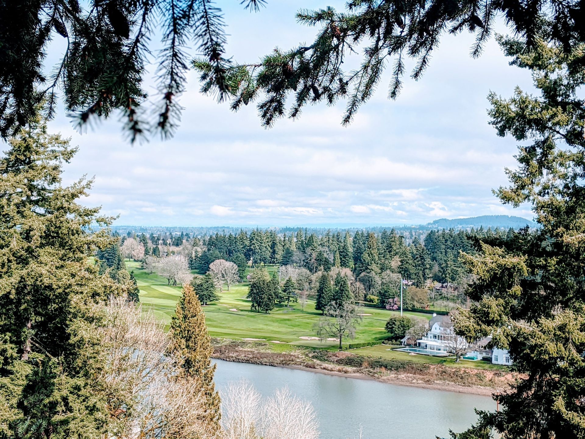 Scenic river valley with green fields, trees, and a clear sky framed by branches