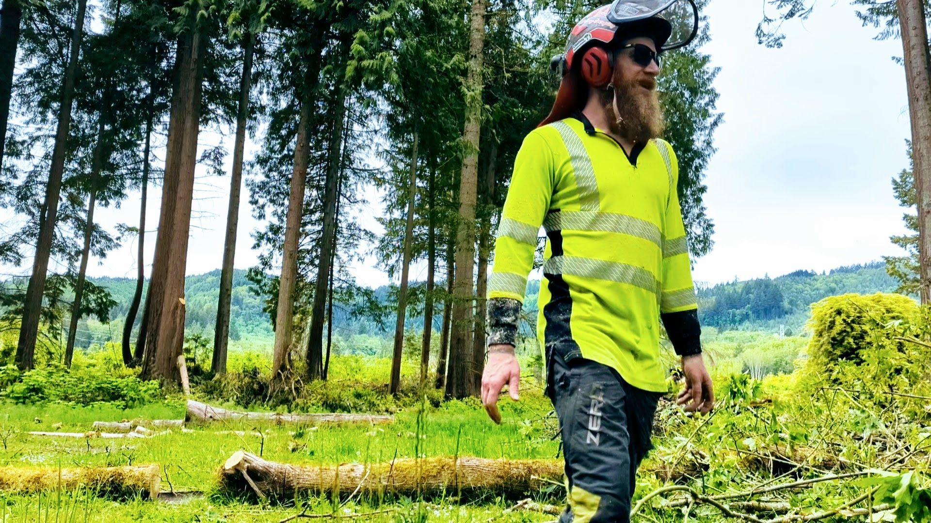 Worker in neon safety jacket and helmet standing in a grassy forest clearing