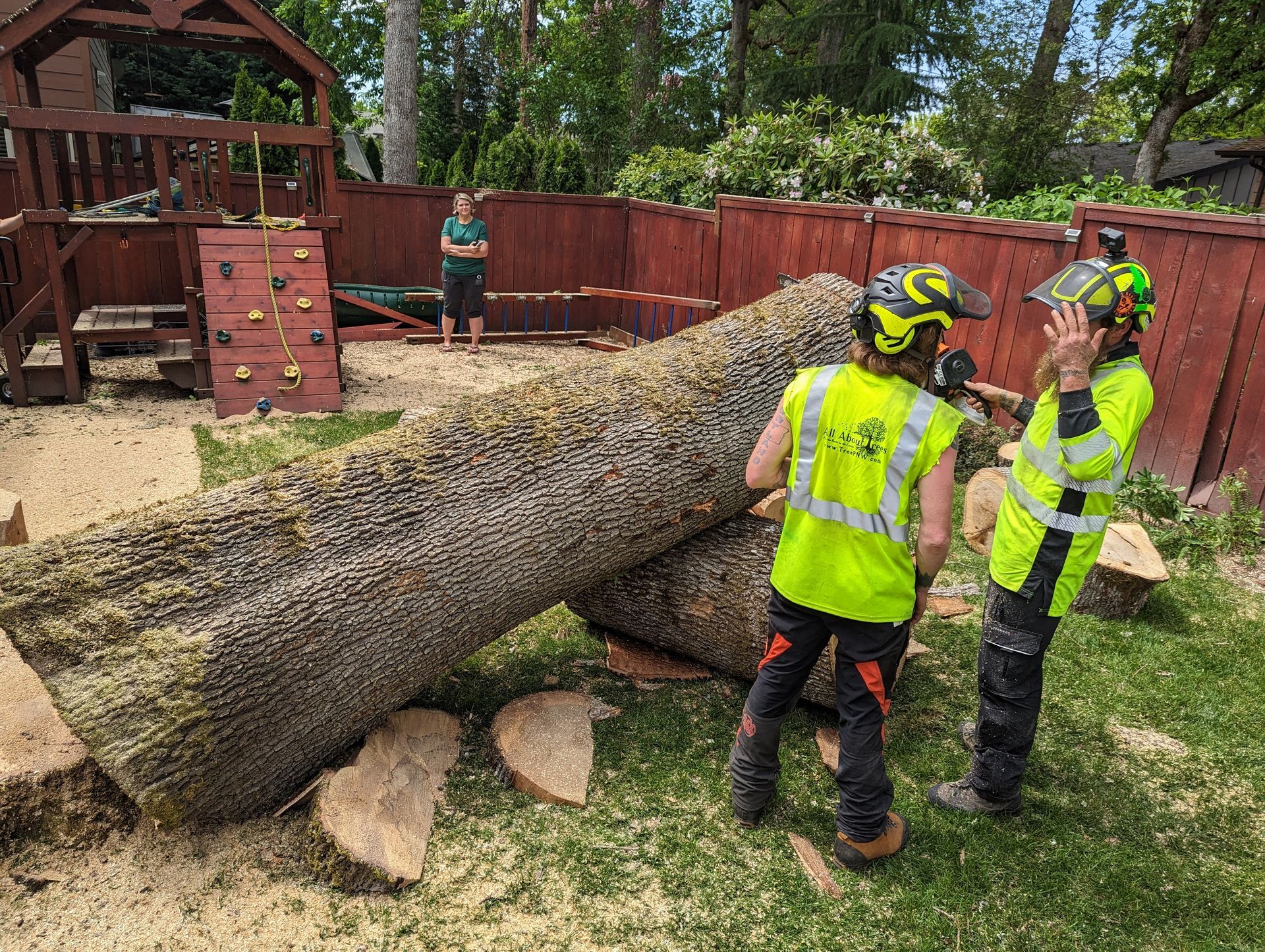 Workers in neon safety gear handling a fallen tree trunk in a backyard.