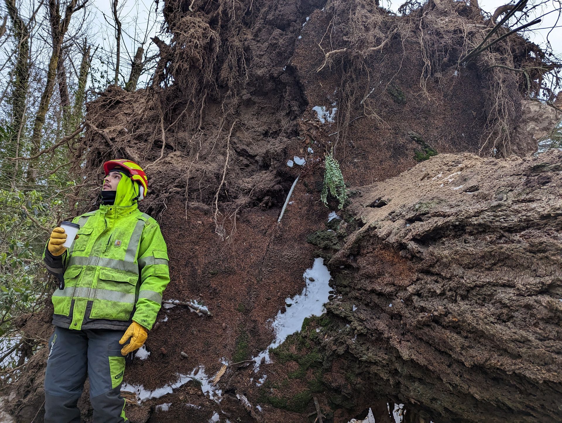 Worker in neon safety gear stands beside a large rockfall on a snowy mountainside.