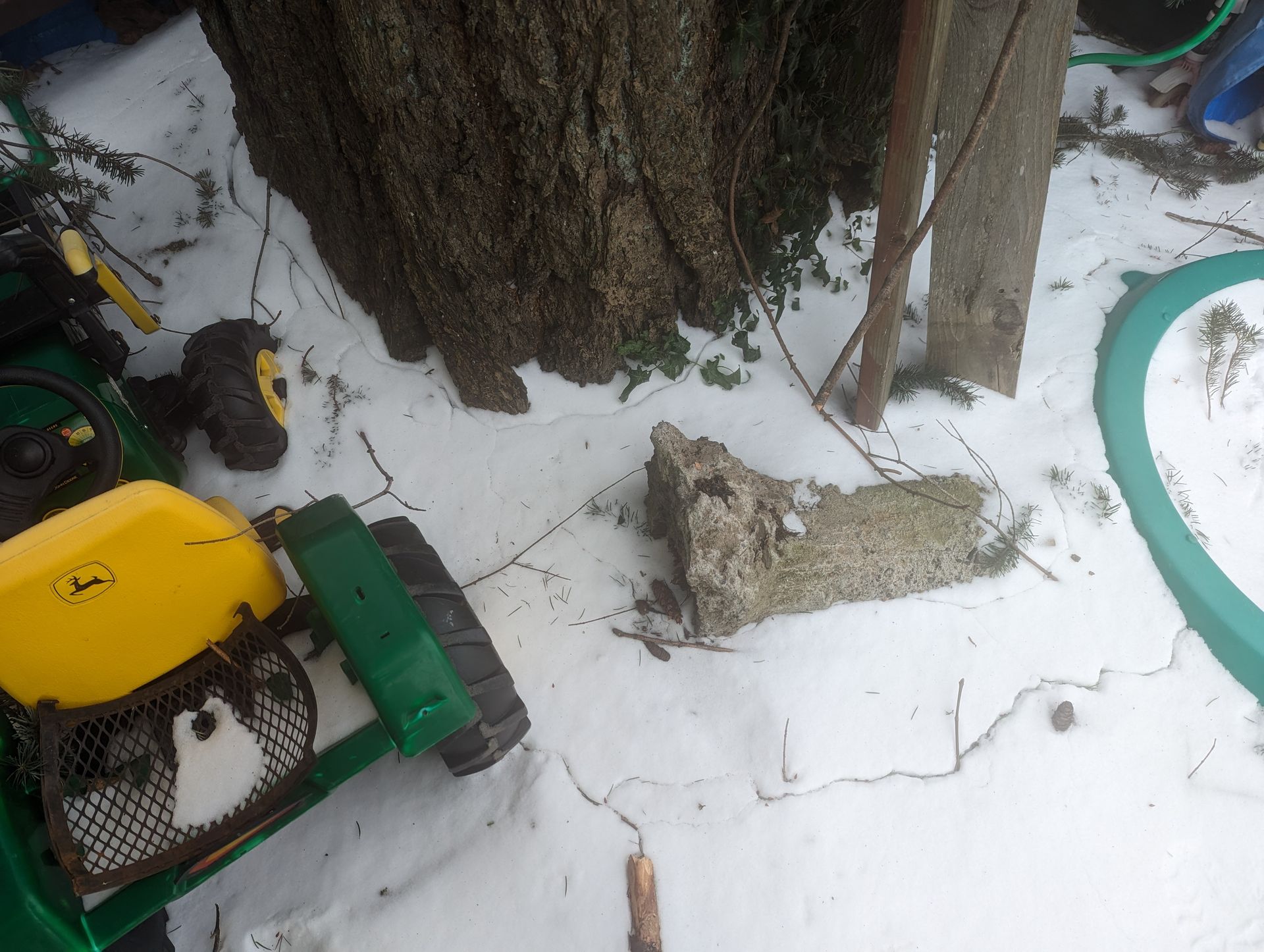 Snow-covered yard with a large tree trunk and a yellow-and-green lawn mower near a green hose.