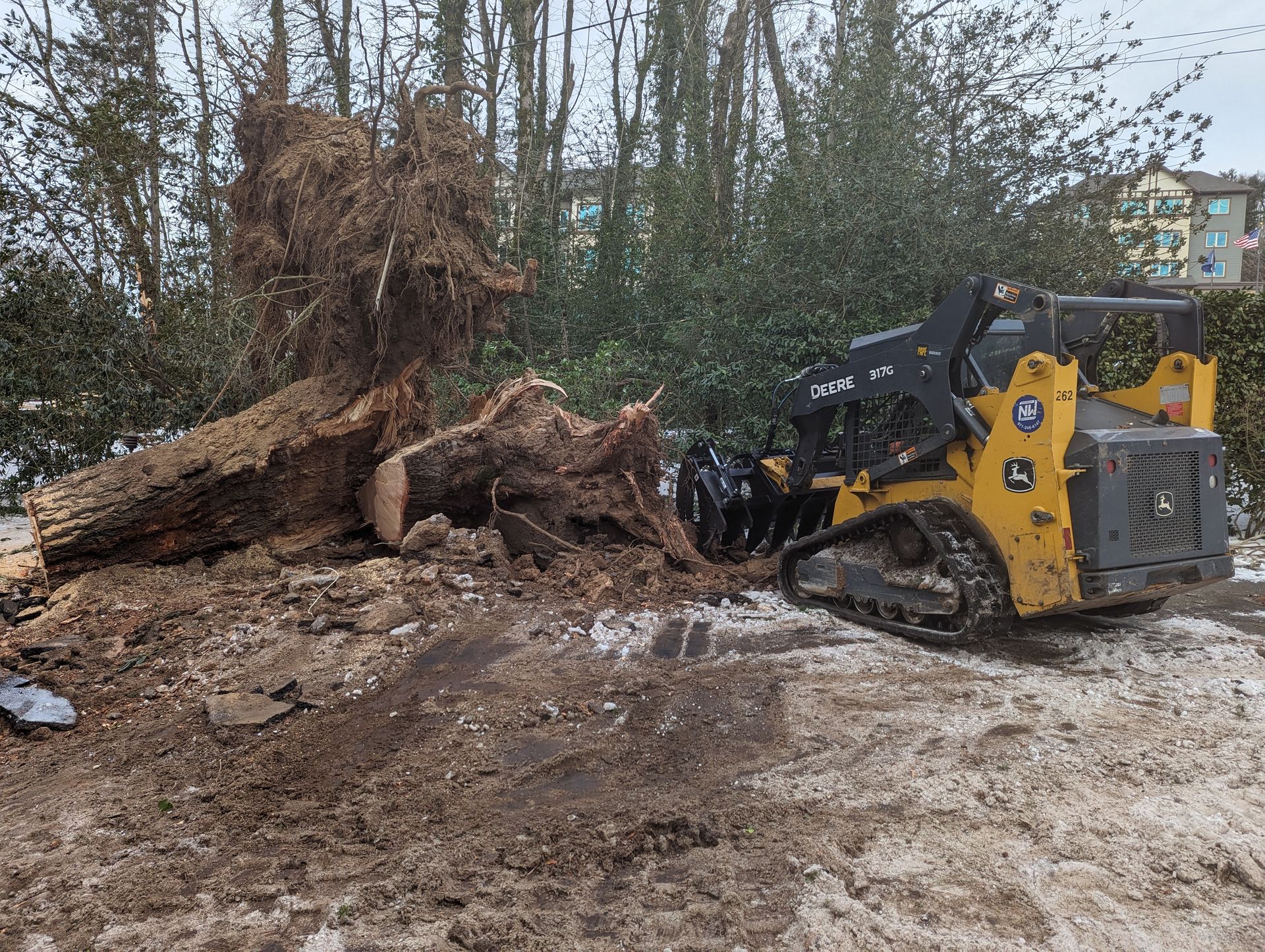 Tracked loader clearing fallen tree in muddy wooded area