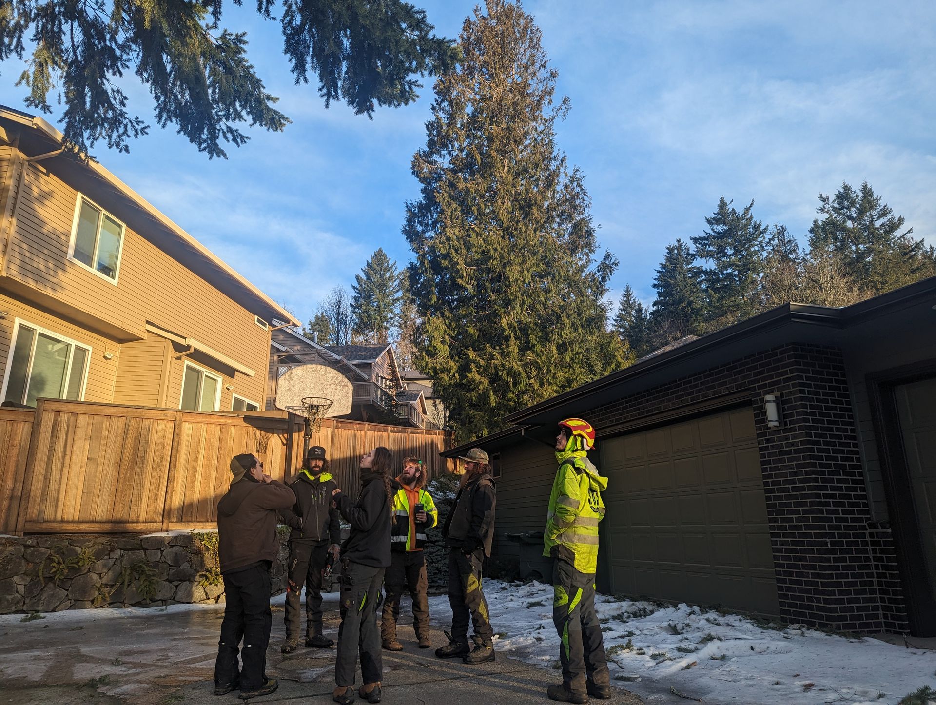 Workers in safety vests stand in a snowy residential alley beside houses and a garage.