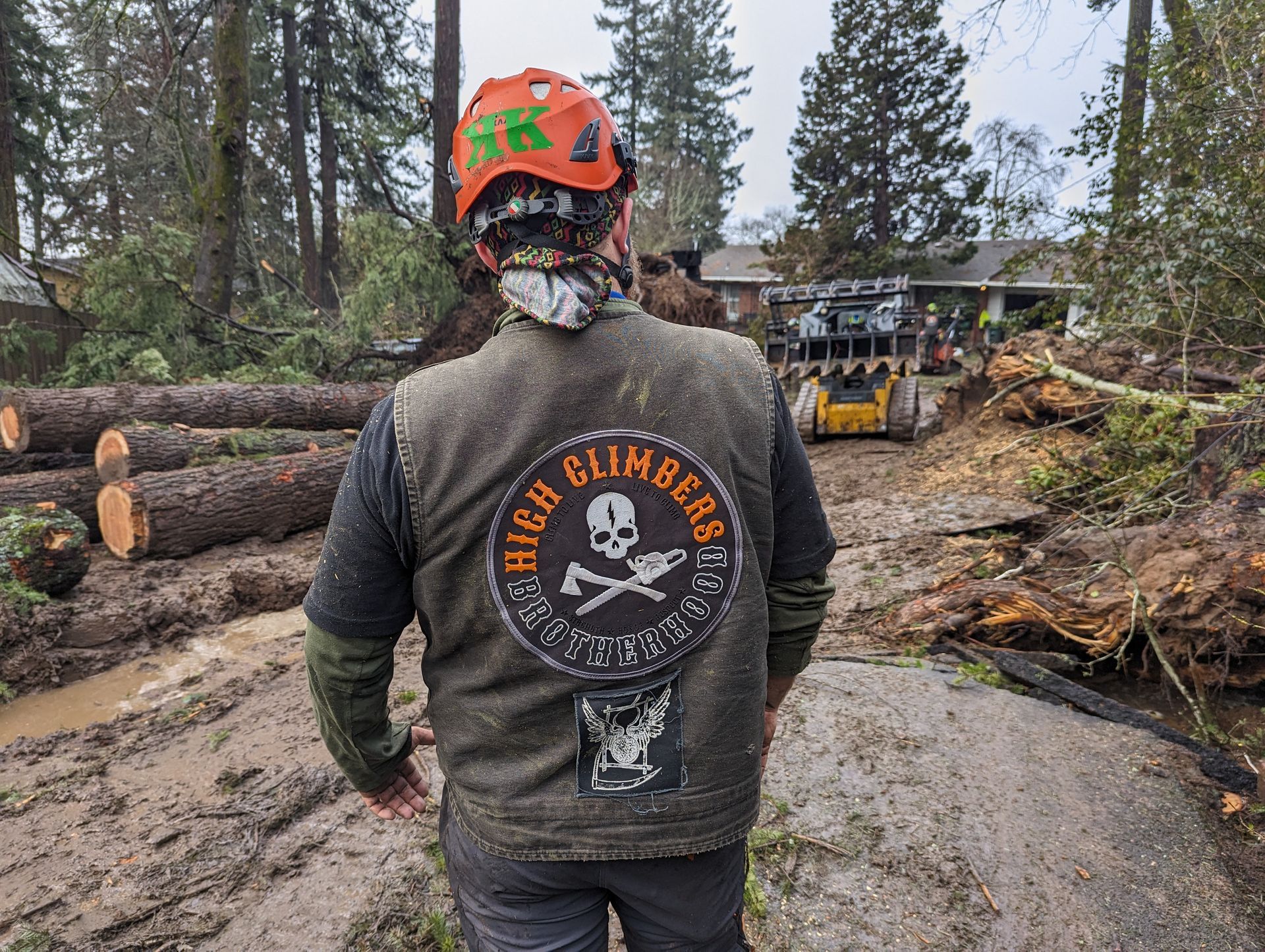 Worker in orange helmet stands on muddy logging road beside felled trees and heavy equipment in a forest