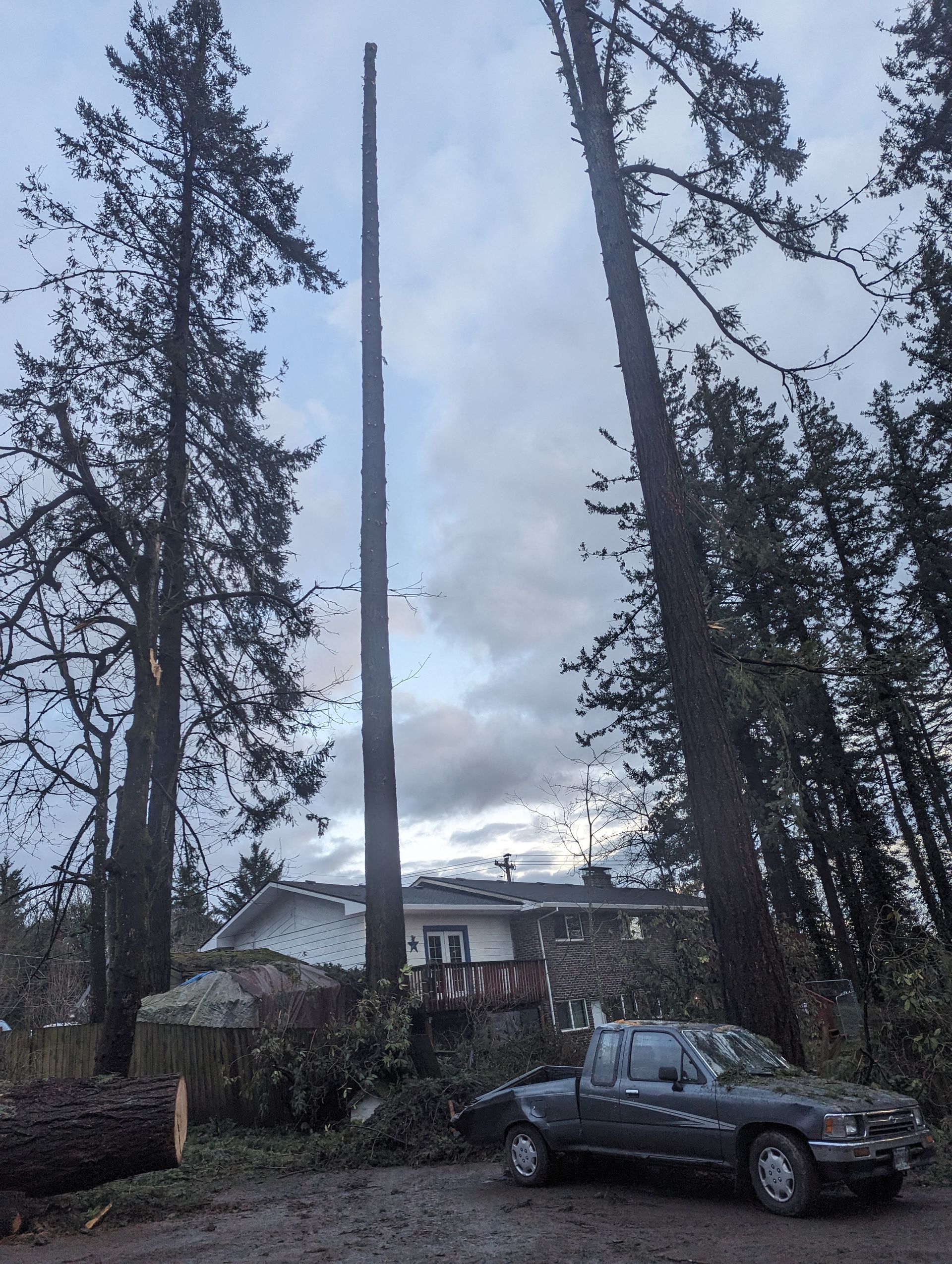 Tall utility pole by houses and parked car on a cloudy day