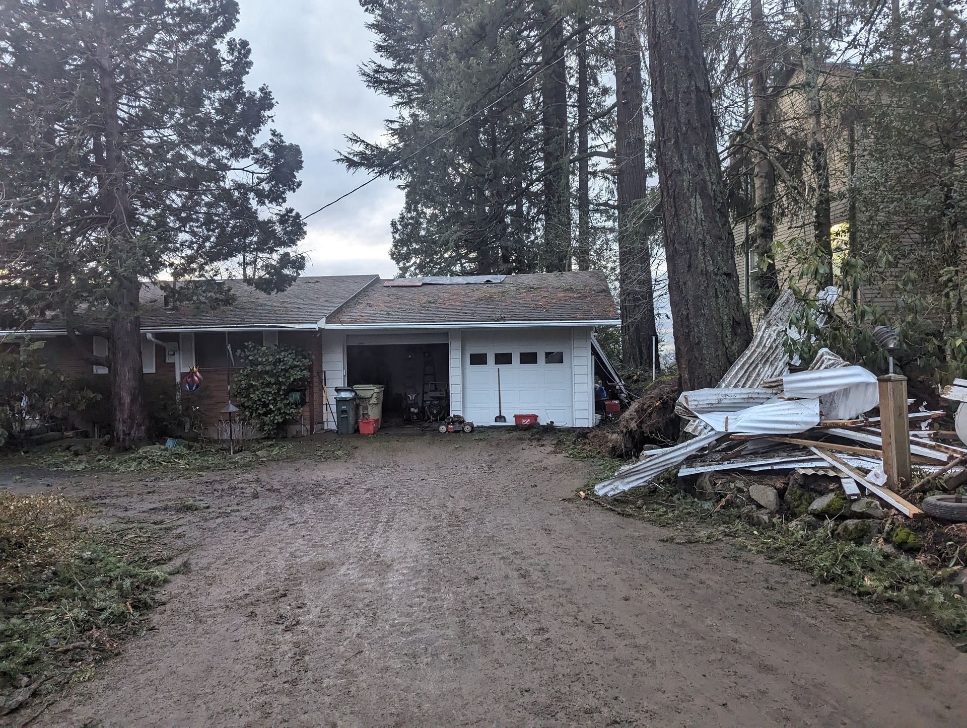 Dirt driveway leading to a small house with garage, tall trees, and stacked materials on the right
