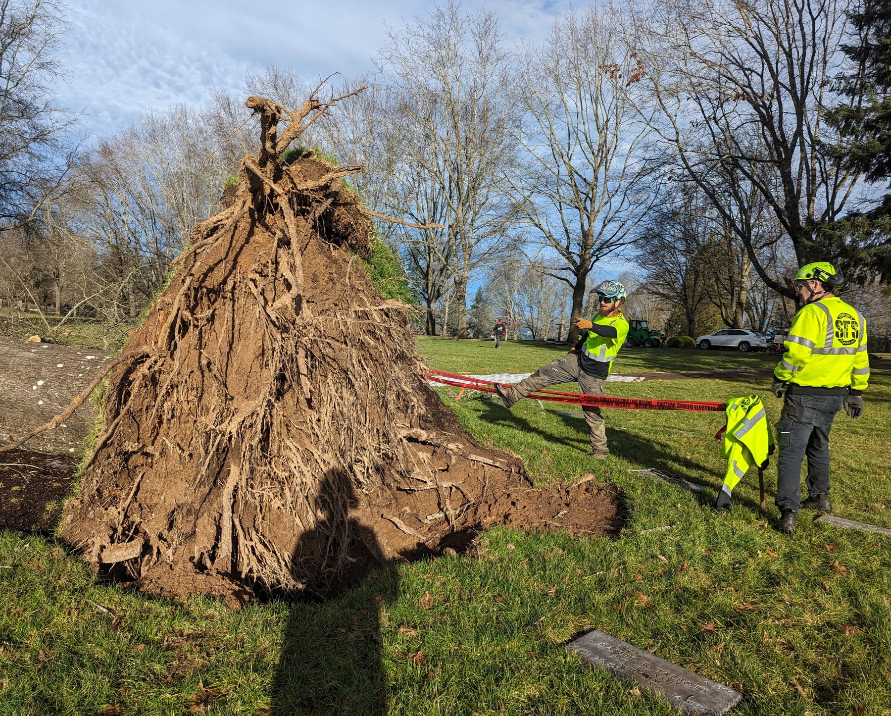 Large uprooted tree stump in a park with two workers in neon jackets and caution tape nearby