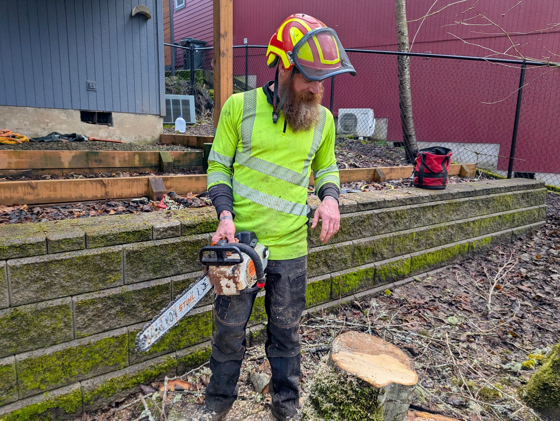 Worker in neon safety gear operating a chainsaw near a cut tree stump in a yard