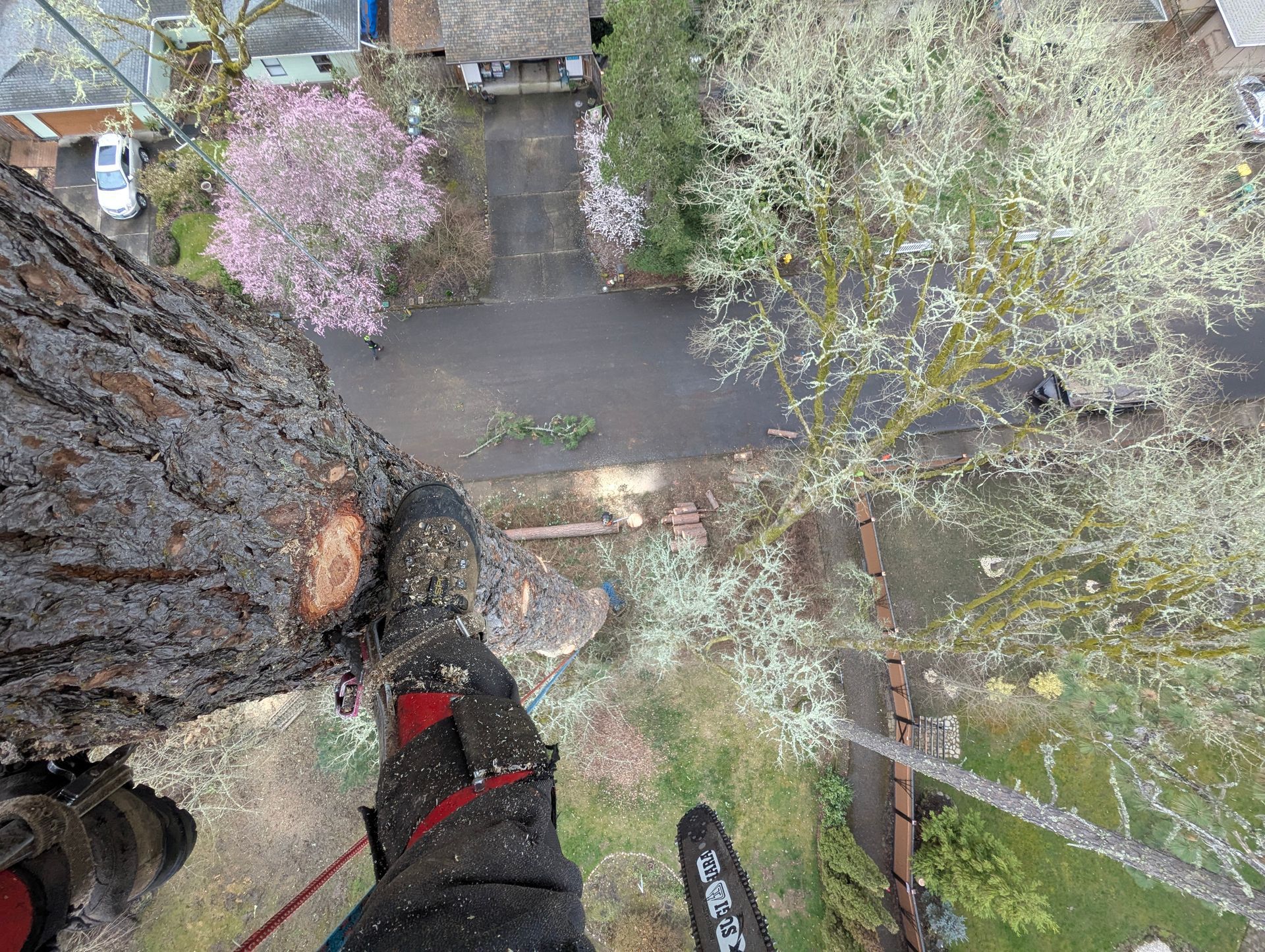 Person’s gloved hands and boots on a steep cliff edge, looking down at a muddy river and trees below