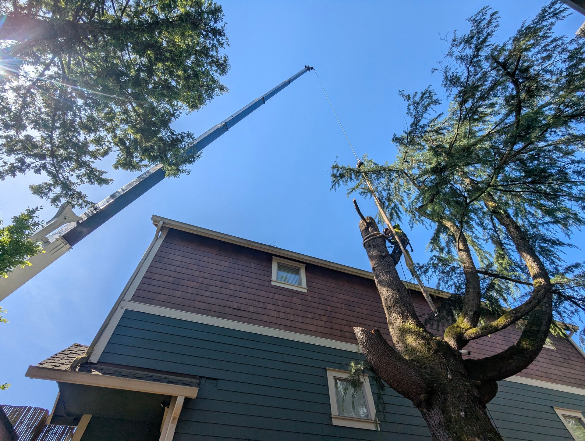 Tall crane beside a brick house with teal siding, viewed from below against a blue sky.