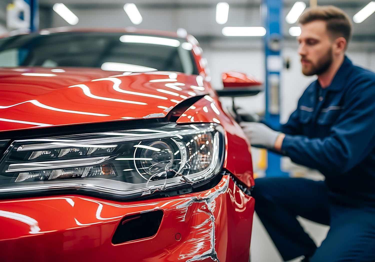 Technician repairing damage on the front fender of a red car in a workshop. Technician repairing damage on the front fender of a red car in a workshop.