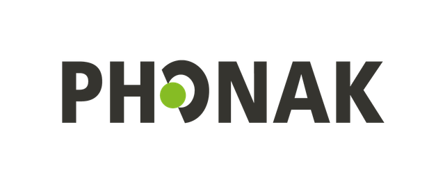 Logo Phonak: testo grigio scuro con un punto verde nella lettera "O" su sfondo bianco.