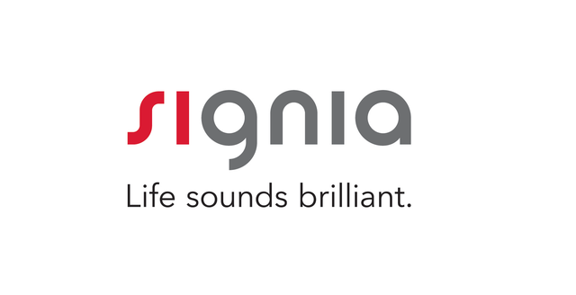 Logo Signia con la scritta "SI" rossa e "gnia" grigia. Slogan: "La vita sembra brillante".