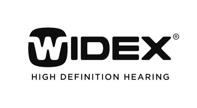 Logo Widex con testo "HIGH DEFINITION HEARING". Testo nero su sfondo bianco.