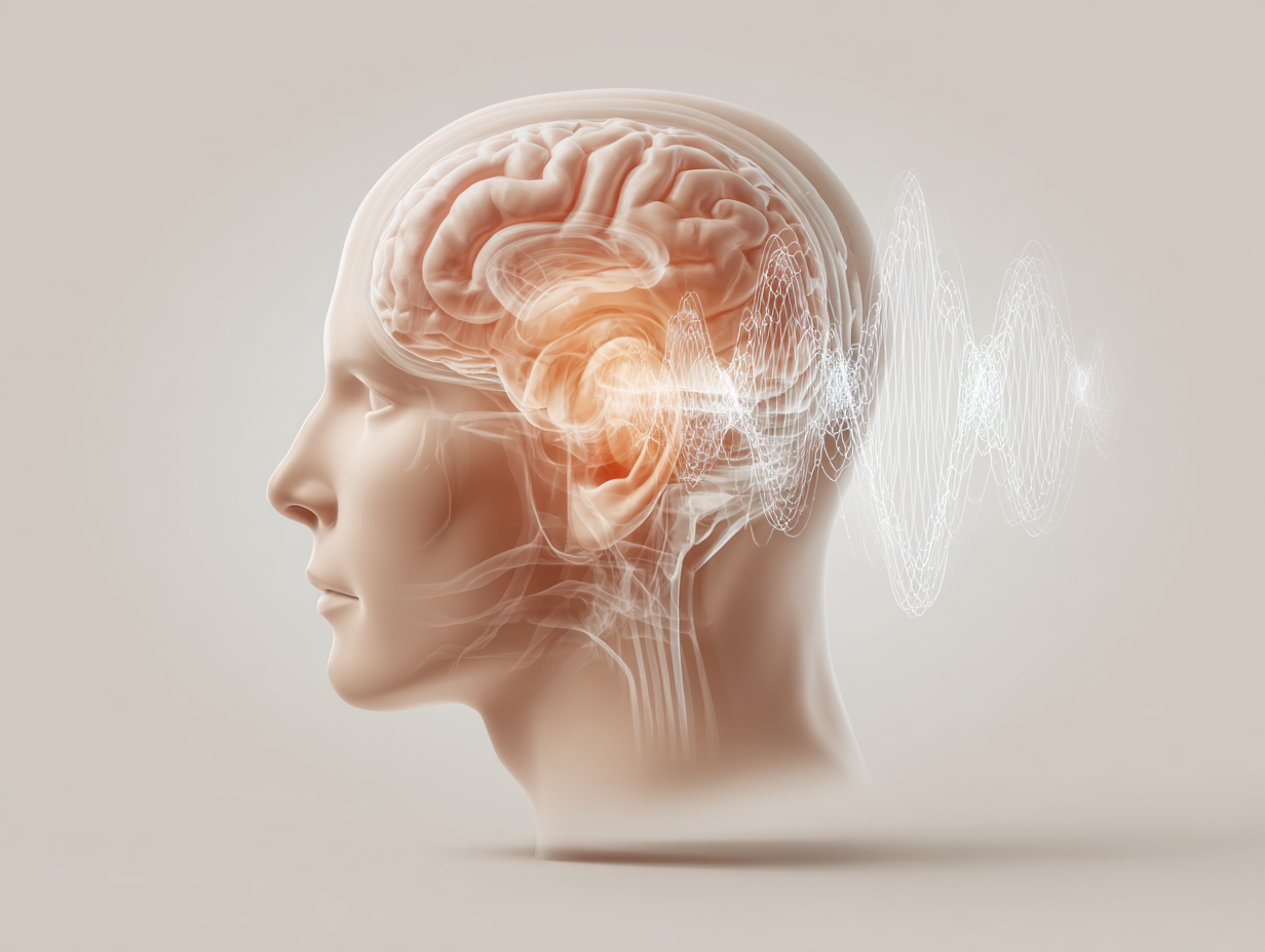 Profilo di una testa con cervello visibile, illuminato da luce arancione e da un'energia ondulata che emana da esso.